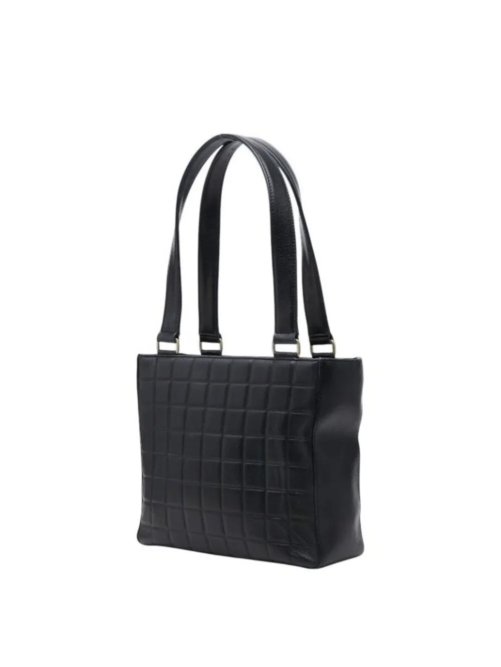Chanel CC Logo Choco Bar Tote Shoulder Bag Black Lambskin